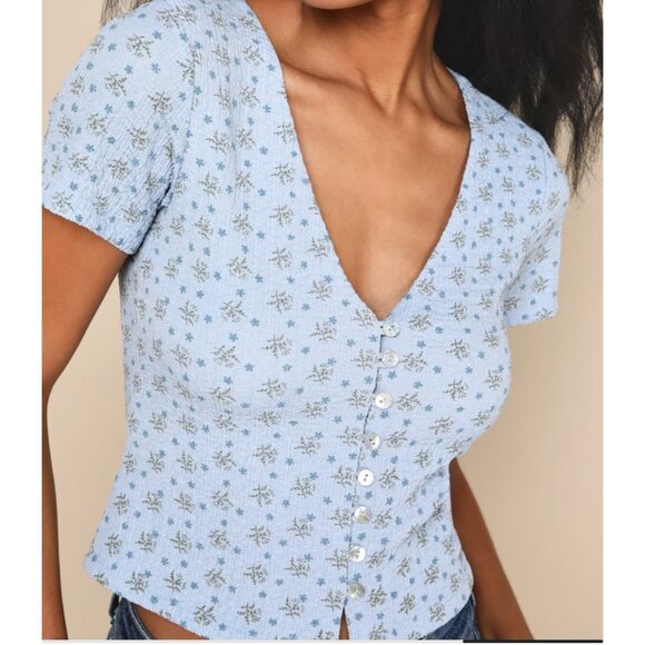 Blue Floral Print Short Sleeve Button-Front Top Lulus XS - Picture 6 of 6